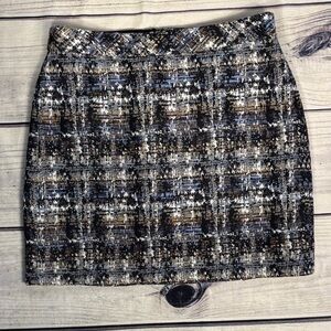 J. Crew Black Blue Gold Metallic Cotton Silk Mini Pencil Skirt Y2K style tweed